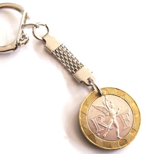 Vintage France 1989 Coin Keychain Silver Tone made from Genuine  10 francs Coin.  Diam. Coin mm. 22,5. Gift. 32th Anniversary, 32th Birthday