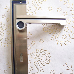 Può includere: Una maniglia per porta argentata con una piastra posteriore rettangolare e una leva orizzontale. La piastra posteriore ha un bordo blu scuro. Un accento blu circolare è sulla base della maniglia. La maniglia è su uno sfondo bianco con un motivo floreale dorato.