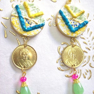 Coin Earrings 1980 &quot;MONTESSORI&quot; Jewelry.Earrings on wood with Italy coins lire 200 Montessori 1980.41th birthday, ,Montessori gift,art.7/E/M