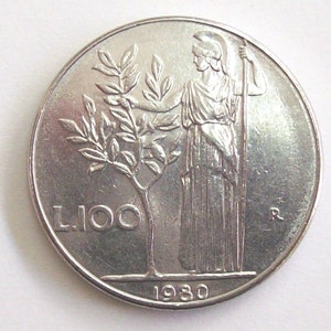 Vintage Italy 1980  lire 100 coin Italian Republic.Bay Tree  Minerva standing. art. 8680 Very rare coin. 41 years old.41th birthday