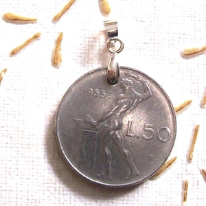 Vintage Italy 1955 Coin Pendant lire 50. Italian Republic 50 Lire Vulcano. The god of fire. art. 6819-142. 70th birthday, 70th anniversary