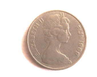 Vintage Fiji 1969 10 cents  coin. Queen  Elizabeth II. diameter 23,5 mm. art. 1997. Very fine coin.53th Birthday, 53th anniversary