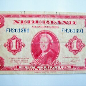 Vintage 1943 Niederlande 1 Gulden Banknote.   Art. 6705. maße cm. 10,5x7,3 Material: Papier 68. Geburtstag, 68. Jahrestag