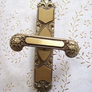 Puede incluir: Una manija de puerta dorada con un diseño ornamentado. La manija tiene un patrón floral decorativo y una placa rectangular larga.