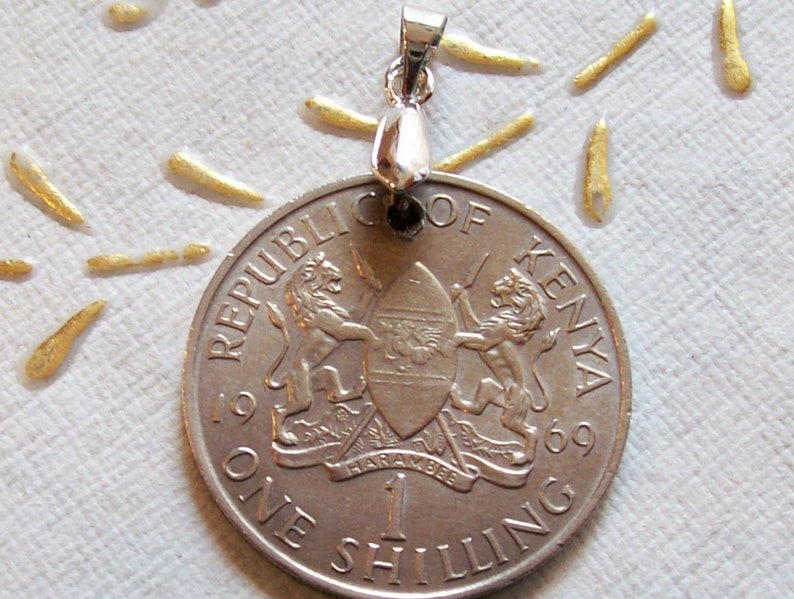 Art Vintage Kenya Coin Pendant made from Genuine 1969s 1 shilling Coin.mm28.51th Anniversary,51th Birthday Coat of Arm.Jomo Kenyatta 516