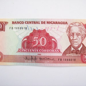 Vintage 1985 Nicaragua 50 Cordobas banknote.Josè Estrada.Health Day. Vaccination.FDC. Not Circulated. Art.0052. cm. 15,7x7.36th Birthday