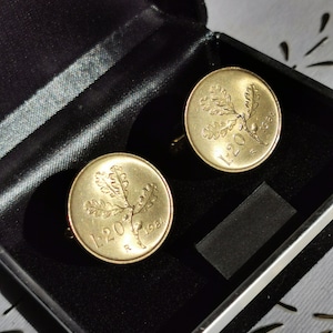 Vintage 1984 Italian Coin Cufflinks Mens Gold Tone.Oak branch, feminine head. Set of 2 Genuine  20 Lire Coins. 37th Birthday.mm.21,3.art 221