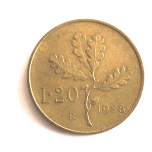 Vintage Italy 1958. lire 20 coin. Repubblica Italiana. Oak branch. Feminine head crowned art. 8074. 63th Birthday, 63th Anniversary