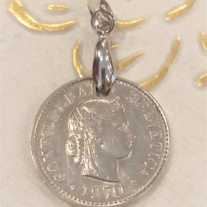 Vintage 1970 Switzerland Coin Pendant made from Genuine  10 cents.shield,coat of arms,woman.52th Anniversary,52th Birthday.diam.19 art. 554