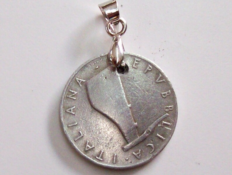 0686-89 68th Birthday Vintage Coin Pendant Italy 1951 lire 5 rudder Italian Republic 5 Lire Dolphin art 68th Anniversary