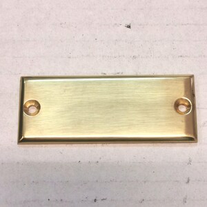 May include: A rectangular brass plate with rounded corners and two circular holes. The plate has a brushed finish, reflecting light. This hardware component is likely for furniture or doors.