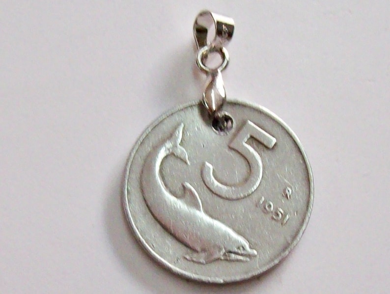 0686-89 68th Birthday Vintage Coin Pendant Italy 1951 lire 5 rudder Italian Republic 5 Lire Dolphin art 68th Anniversary