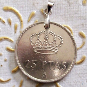 Vintage Spanish Coin Pendant, Genuine 25 Pesetas 1984 coin. Spain. Coat of arms. Francisco Franco. 37th birthday, 37th Anniversary. art 292