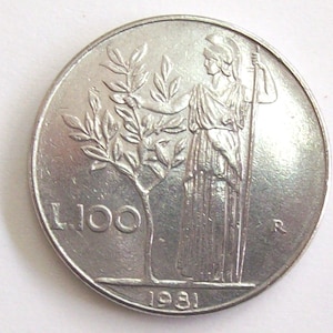 Vintage Italy 1981  lire 100 coin Italian Republic.Bay Tree  Minerva standing. art. 8686 Very rare coin. 43 years old.43th birthday