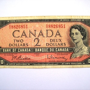Banconota da 2 dollari vintage Canada 1954.  circolato, art. 9383. 68 anni.68° Compleanno