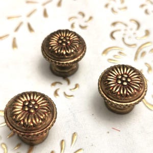 Könnte beinhalten: Drei antike Schrankknöpfe aus Messing mit floralem Design. Die Knöpfe haben eine detaillierte, strukturierte Oberfläche und einen warmen Goldton. Sie sind vor einem weißen Hintergrund mit goldenen floralen Akzenten platziert.