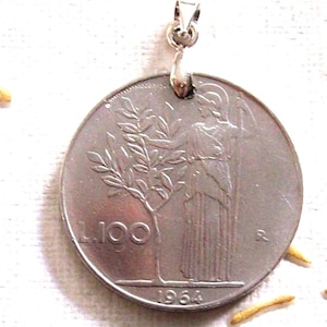 Vintage 1964 Coin Pendant Italy  lire 100. Italian Republic 100 Lire  Minerva and Bay tree. art. 196. 60th birthday, 60th Anniversary