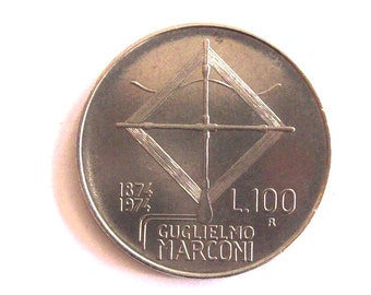 Vintage Italy 1974. lire 100 coin. Repubblica Italiana Commemorative GUGLIELMO MARCONI.mm. 28. art. 1700. for very collectors.50th birthday