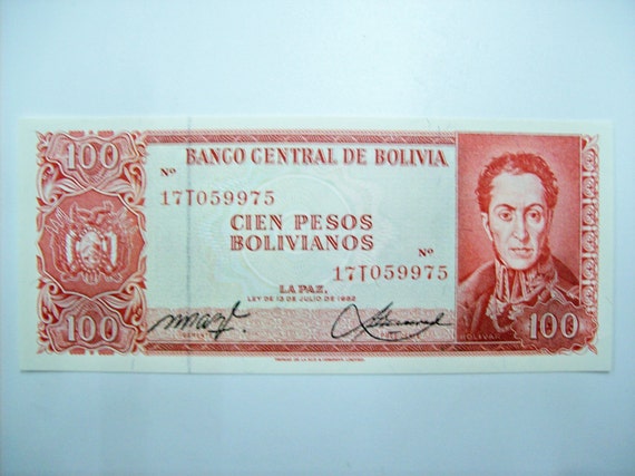 Millsime 1962 Bolivie 100 Pesos billet de banque. Bolivar. parlement.  indpendance. art.8842 cm. 15,5x6,7 Non distribu. 59e anniversaire - Etsy  France