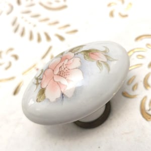 Peut inclure: Bouton de meuble ovale en céramique blanche avec un motif floral rose. Le bouton présente une peinture délicate d'une fleur rose avec des feuilles vertes. La base est de couleur bronze foncé. Le fond est une surface blanche avec des accents dorés.