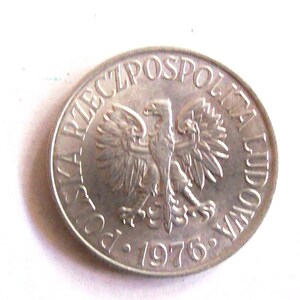 Vintage Poland 1976  50 Groszy  coin. Coat of arms. Eagle. diameter 23 mm. art. 4956. Very fine coin.45th Anniversari,45th Birthday