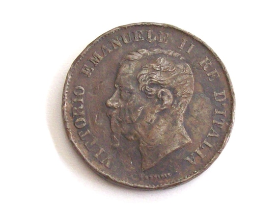 Vintage Italy 1861 5 Cent Coin. Kingdom of Italy, King Vittorio