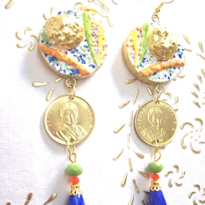 Coin Earrings 1980 &quot;MONTESSORI&quot; Jewelry. 10 cm. long.Earrings on wood with Italy coins lire 200 Montessori 1980.41th birthday, art.3/E/M