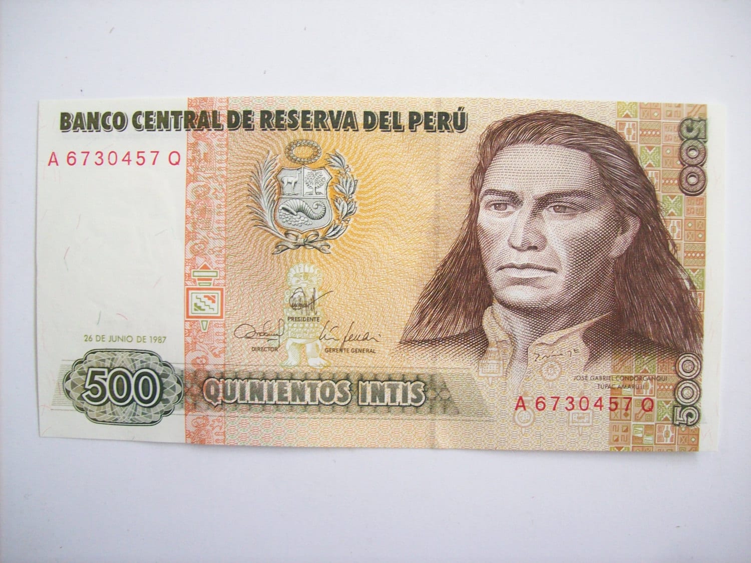 Vintage Perù 1985 500 Intis banknote.Jose Gabriel Condorcanqui.Tupac Amaru II.Hero. FDC. Not Circulated. Art.0060. cm. 15x7,5.For collectors