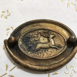 Puede incluir: Un tirador de armario ovalado de latón con un diseño en relieve de un ciervo en un entorno de bosque. El tirador tiene una manija curva en la parte inferior.
