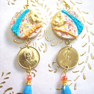 Coin Earrings 1980 &quot;MONTESSORI&quot; Jewelry.10 cm.long.Earrings on wood with Italy coin lire 200 Montessori 1980.41th Anniversary,41th Birthday