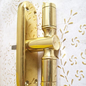 May include: A gold-toned door handle with a lever and a round knob. The handle is mounted on a rectangular plate.