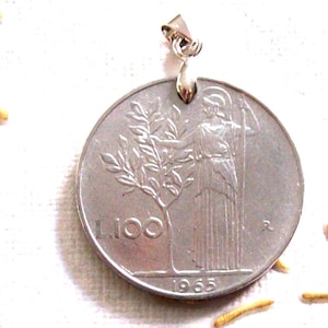 Vintage 1965 Coin Pendant Italy  lire 100. Italian Republic 100 Lire  Minerva and Bay tree. art. 197. 60th birthday, 60th Anniversary