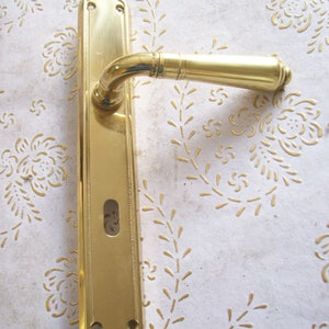 May include: A gold door handle with a rectangular backplate and a curved lever. The handle has a keyhole and two small screws on the backplate.