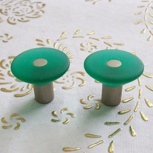 Peut inclure: Deux boutons de cabinet en verre vert turquoise avec des bases argentées. Les boutons ont une finition en verre givré.