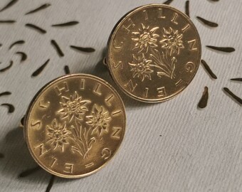 Abotoaduras de moeda da sorte austríaca vintage 1968.2 moedas genuínas de 1 xelim.edelweiss flor da sorte.mm.22.53º aniversário, 53º aniversário.art.309