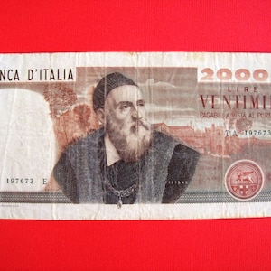 Vintage 1975 Italy 20.000 lire Republic of Italy banknote.Tiziano. almost new, art. 9802- very rare banknote,46th Birthday,46th Anniversary
