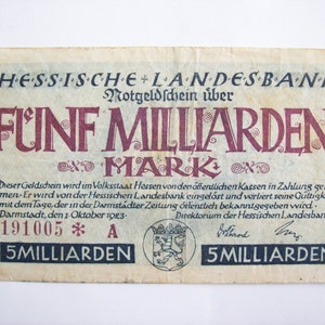 Vintage 1923 Deutschland, Deutche, 5 Milliarden Mark. Darmstadt. Landersbank. art.6675 cm. 12,6x7,5. Für sehr Sammler. Antik e selten deutsch.