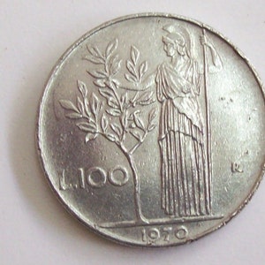 Vintage Italy 1970  lire 100 coin Italian Republic.Bay Tree  Minerva standing. art. 8625 Very rare coin. 51 years old.51th birthday