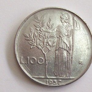 Vintage Italy 1957 lire 100 coin Italian Republic.Bay Tree Minerva standing. art. 8547 Very rare coin.64th birthday image 1