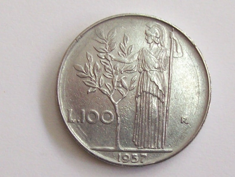 Vintage Italy 1957 lire 100 coin Italian Republic.Bay Tree Minerva standing. art. 8547 Very rare coin.64th birthday image 1