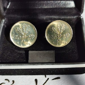 Vintage 1999 Italian Coin Cufflinks Mens Gold Tone.Oak branch, feminine head. Set of 2 Genuine  20 Lire Coins. 22th Birthday.mm.21,3.art 225