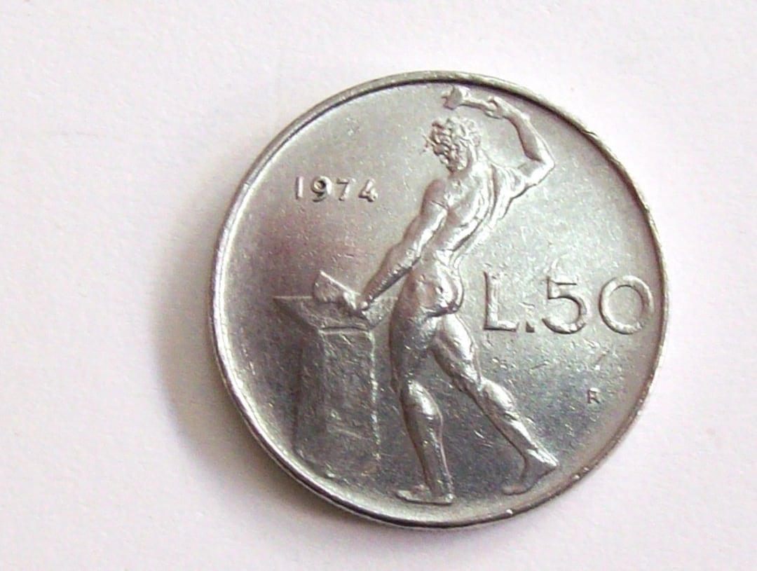 Vintage Italy 1974. Lire 50 Coin. Repubblica Italiana and Vulcano