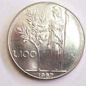 Vintage Italy 1987  lire 100 coin Italian Republic.Bay Tree  Minerva standing. art. 8723 Very rare coin . 34 years old.34th birthday