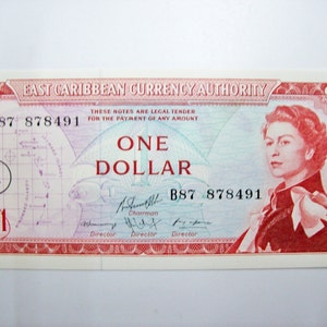 Vintage Caribe Oriental Billete de 1 dólar. Islas de mapa. paisaje. Granada, Santa Lucía, San Vicente, Dominica, Antigua, art.8818.N.C.cm.15x6,5