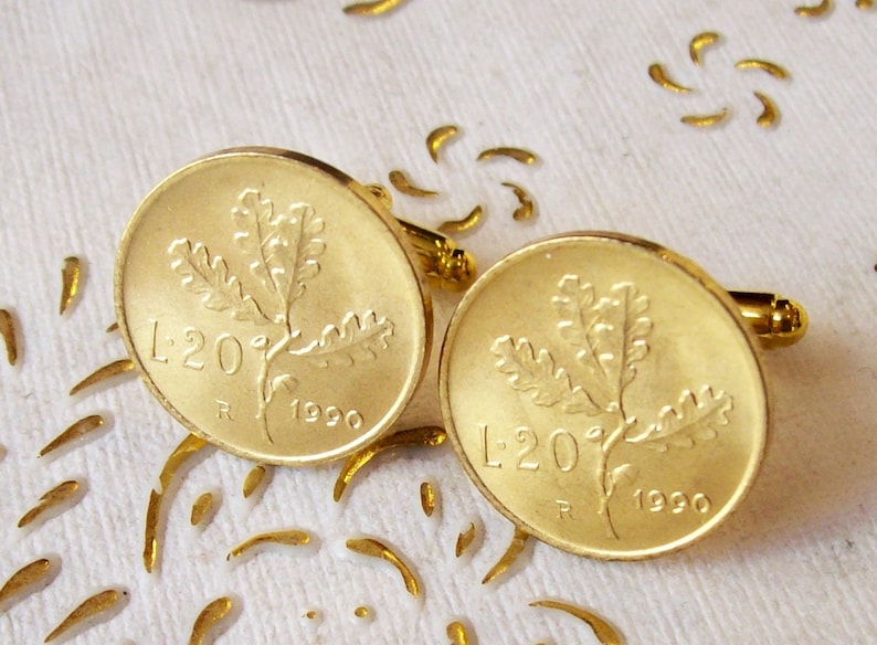 Vintage Italian 1990 Coin Cufflinks Mens Gold sale Tone.Oak branch, feminine head. Set of 2 Genuine 20 Lire Coins.31th Birthday.mm. 21,3.art 36