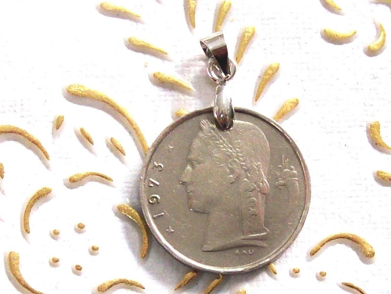 44th Anniversary art.473. 44th Birthday Gift Vintage Belgium Coin Pendant made from Genuine 1973 1 franc Coin