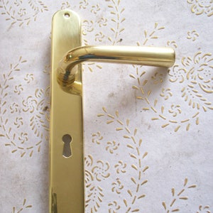 May include: A gold door handle with a lever and a keyhole. The handle is mounted on a white surface with a floral pattern.