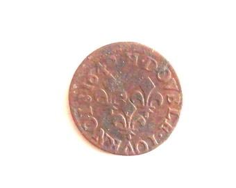 Antique French  Coin. Reign of Louis XIII of France, in 1643, Double Tornese. Three Lilies. diameter mm.. 20. art.3546. For very collectors