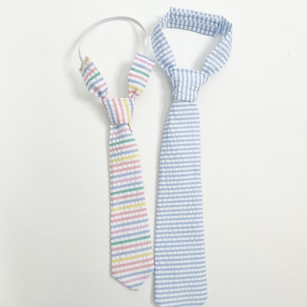 Blue and White Seersucker or Pastel Striped Seersucker Infant/Toddler/Boys Adjustable Neck Tie or Bow-Tie: 0-18 Mos., 2T-4T, 5T/6T, 7/8