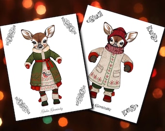 Puede incluir: Dos tarjetas ilustradas con ciervos vestidos con atuendos de invierno. Uno lleva un abrigo verde con cinturón y mitones rojos, el otro un abrigo blanco con gorro y bufanda rojos. Ambas tarjetas tienen bordes decorativos y el nombre "Giulia Germinsky".